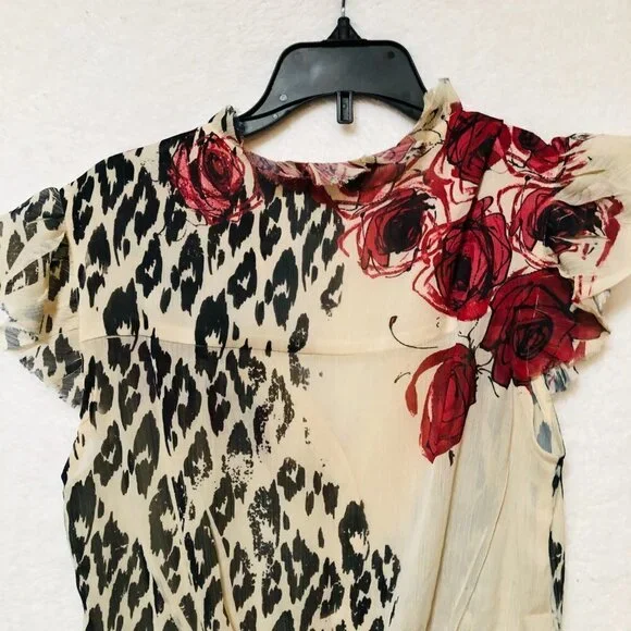 Jonathan Martin Floral and Cheetah Sheer Ruffle Button Down Blouse Size Small - Picture 7 of 7